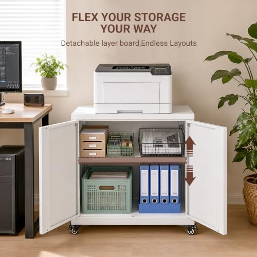 23.6" H Metal Printer Stand with Storage Cabinet & Wheels - Image 4