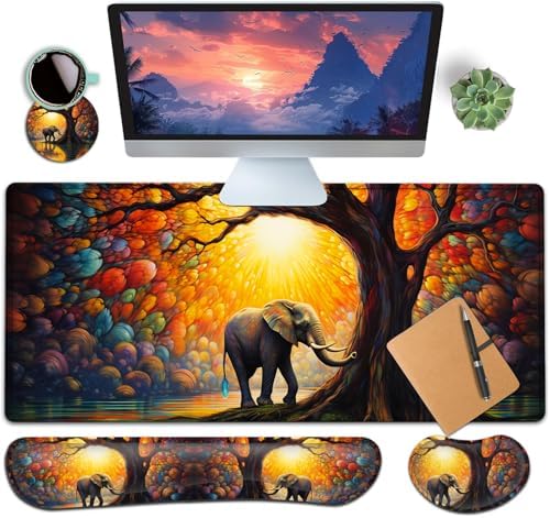 Large Gaming Mouse Pad+ Keyboard Wrist Rest Set, Ergonomics Memory Foam Mouse Mat Wrist Rest Support, Waterproof Extended Mousepad 31.5x11.8in, Colorful Tree of Life and Elephant Desk Pad by YVBHCGGGF