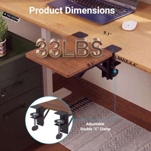 BONTEC Ergonomic Desk Extender Tray, 9.5"x9.1" Table Mount Arm Wrist Rest Shelf, 90° Foldable Elbow Support, Clamp on Computer Arm Rest for Desk, Office & Home Use, Durable & Easy to Install, Walnut - Image 2