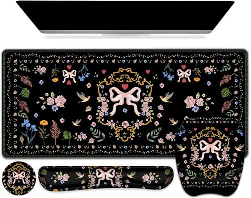 Mouse Pad with Wrist Support 4 in1 Set, XXL Big Game Mousepad + Keyboard Wrist Rest + Mouse Wrist Rest Pad +Coaster Gaming Mat for Home Office Work Computer Laptop I Vintage Floral Romantic Bow by NXZGO