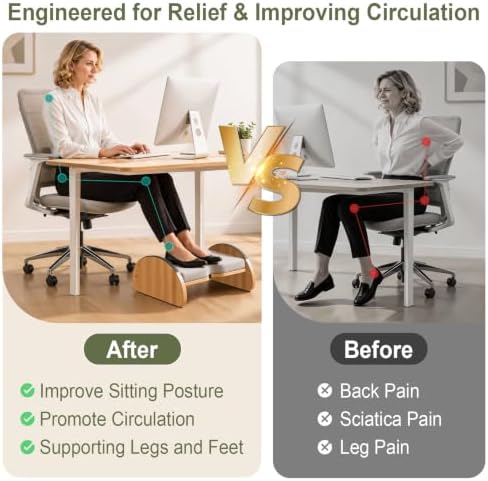 Adjustable Foot Rest Under Desk, Bamboo Wood Foot Stool with Cushion, Rocking Under Desk Footrest, Desk Leg Rest for Home Office - Image 6