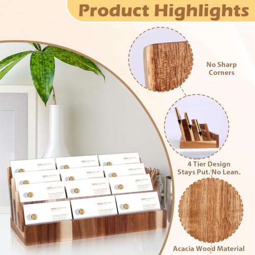 DLUGOPIS 4 Tier Acacia Wood Business Card Holder Desktop Display Stand Multiple Wood Business Card Organizer Rack Gift Card Pamphlet Display for Exhibition Home Office - Image 3