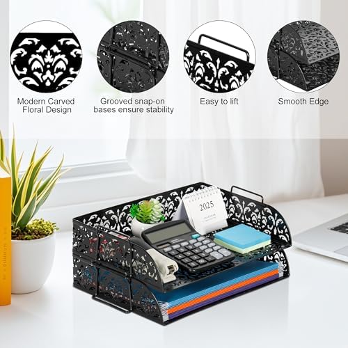 EasyPAG Paper Organizer for Desk 2 Tier Stackable Paper Tray for A4 Legal Size Folders Metal File Storage Desktop Organizer for Home Office School Teacher, Black - Image 2