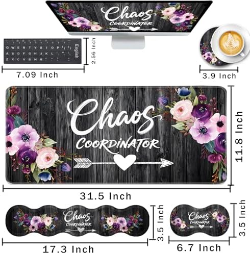 Keyboard Wrist Rest and Mouse Pad with Wrist Support Set Ergonomic Coaster,Memory Foam,Easy Typing Pain Relief,Large XL Desk Mat 31.5"x 11.8",Chaos Coordinator Quotes Vintage Watercolor Floral - Image 2