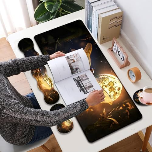 4 in 1 Mouse Pad Combo, Large Gaming Mouse Pad + Keyboard Wrist Support + Mouse Wrist Rest + Coaster, Table Pad 31.5 "x 11.8" with Memory Foam Ergonomic Wrist Pad Set, Dragonfly Under The Moon - Image 2