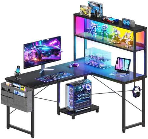 Coleshome L Shaped Gaming Desk with Hutch & LED Light by Coleshome