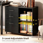 Giantex 3-Drawer Mobile File Cabinet, Rolling Printer Stand with Open Storage Shelves, Under Desk Lateral Filing Cabinet for Letter/A4 Size, Wooden Office Organizer with Wheels for Home Office (Black) - Image 4