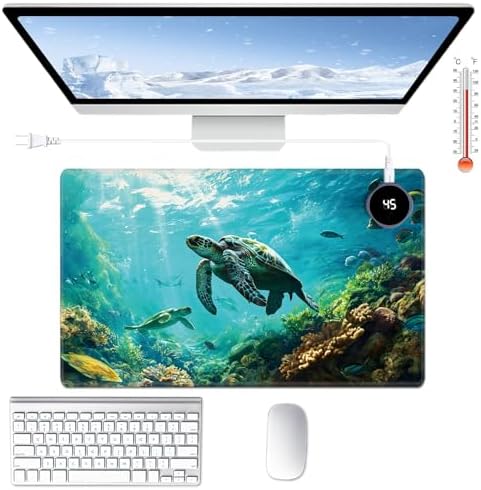 Heated Desk Pad Large Mouse Pad 23.6 x 14.1 inch with 3 Levels Heating & Auto Shut-Off Warm Mouse pad PU Leather Computer Mousepad for Home Office Work - Sea Turtles in The Ocean by BPQOJB