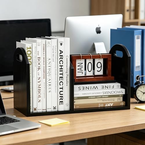 100% Solid Wood Adjustable Desktop Bookshelf, Retro Tabletop Book Shelf File Holder, Vertical Bookshelf Divider Desk Shelf for Home School Office Organization, Perfect for Books Magazine (Black) - Image 4