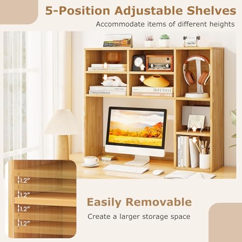 DREAMADE Desk Hutch, 37" Wooden Desktop Bookshelf with 7 Cubes, Burlywood - Image 4
