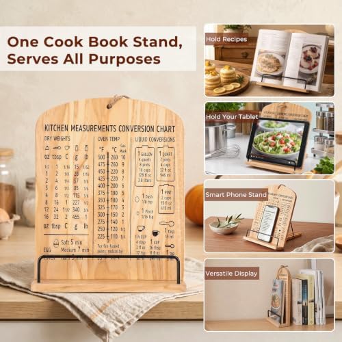 Cookbook Stand for Kitchen Counter, Solid Wood Adjustable with Built-in Kitchen Conversion Chart, Recipe Book Holder for iPad Tablet Cookbooks, Foldable & Portable with Non-Slip Base - Image 6