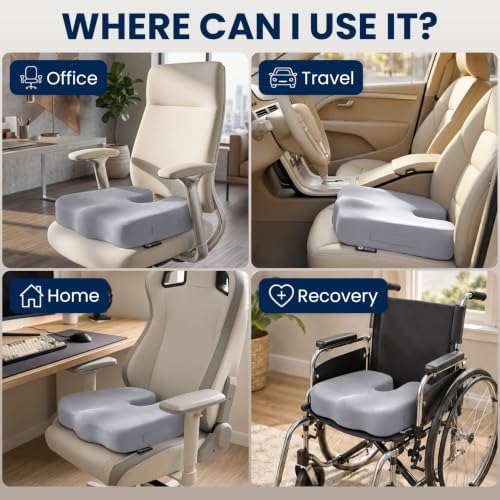 5 STARS UNITED Seat Cushion - Memory Foam Chair Cushion for Tailbone Pain Relief - Ergonomic Support for Coccyx, Sciatica & Butt - Office, Desk & Gaming Chair, Car Seat, Wheelchair, Airplane, L Gray - Image 3