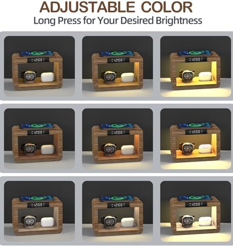 Bamboo Charging Station for Multiple Devices, 15W Fast Wireless Charger Night Light with 3 Color& 4 Adjustable Brightness, Night Stand Charger Station for iPhone/iWatch/AirPods (6955) - Image 2