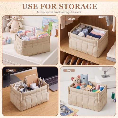 Mifoci 4 Pack Quilted Small Fabric Storage Basket for Table Shelf Toy Organizer Decorative Boho for Organizing Closet Decor Home Nursery Table Laundry Toy Clothes(Khaki) - Image 4
