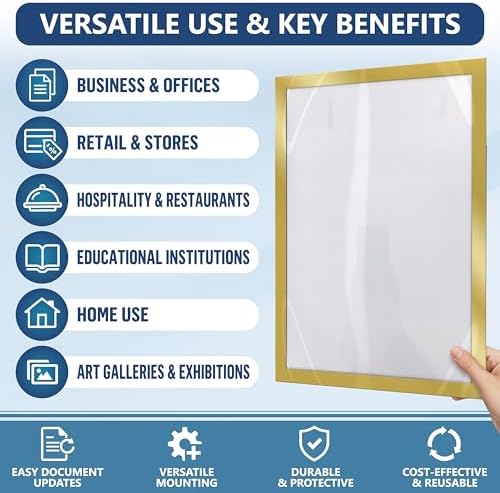 12 Pack Magnetic Sign Holder 11 x 17 with Adhesive Back - Gold Magnetics Poster Frame & Magnetic Paper Holder - Reusable Adhesive Frames 11x17 - Magnet Frame for Wall Windows - Magnet Document Holders - Image 4