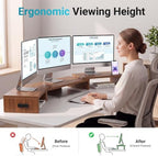 BONTEC Triple Monitor Stand Riser with Smartphone Holder, Walnut - Image 2