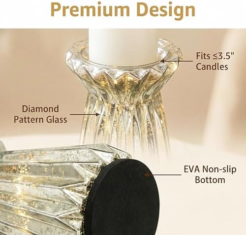 Home Decor, Mercury Glass Pillar Candle Pedestal Holders with 10 Led Lights, Lighted up Candle Holder for Pillar Candle, Glass Candlestick Holders with Timer for Wedding Dining Table Xmas (Silver) - Image 3
