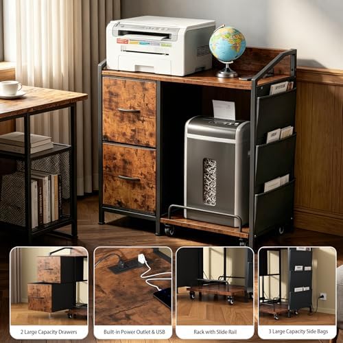 Printer Stand with Fabric Drawers, Lateral Office Filing Cabinets with Power outlets & USB Charging Port, File Cabinet with Large Printer Stands for Home Office, Shredder Stand (Rustic Brown) - Image 6