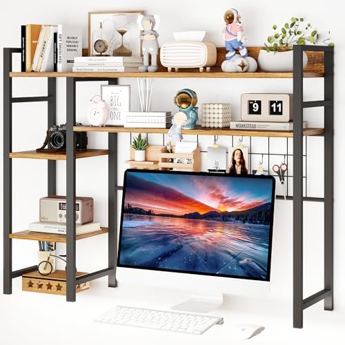 WAYTRIM Desk Shelf, Wood Desk Organizer Shelf 4 Tier Countertop Desktop Bookshelf Cubicle Storage Rack Top of Desk, Desk Hutch Dorm for Top of Desk Pegboard Hooks Set Desktop Display Rack (Brown) by WAYTRIM