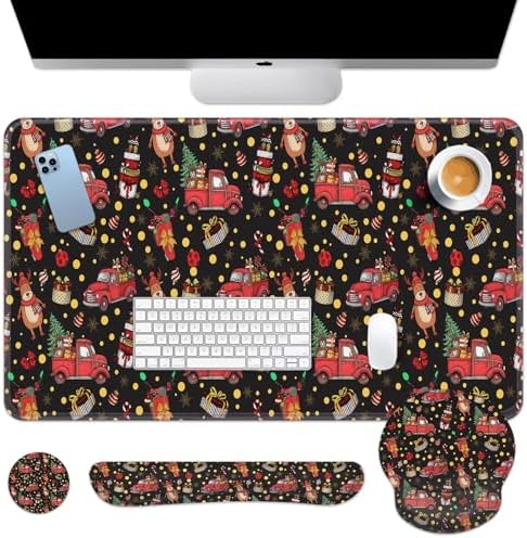 Britimes Keyboard Mouse Pad Set, 4 in 1 Desk Mat Set, Christmas Truck Red by Britimes