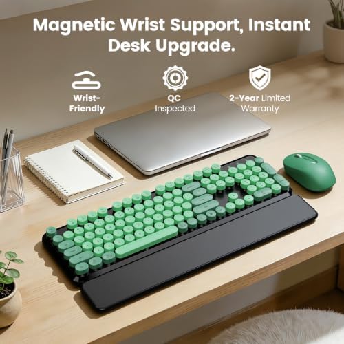 Wireless Keyboard Mouse, Magnetic Wrist Rest, Round Keycaps, Green & Black - Image 2