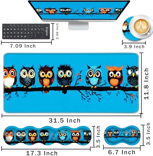 Keyboard Wrist Rest and Mouse Pad with Wrist Support Set Ergonomic Coaster,Memory Foam,Easy Typing Pain Relief,Large XL Desk Mat 31.5"x 11.8",Cute Owls on a Branch - Image 2