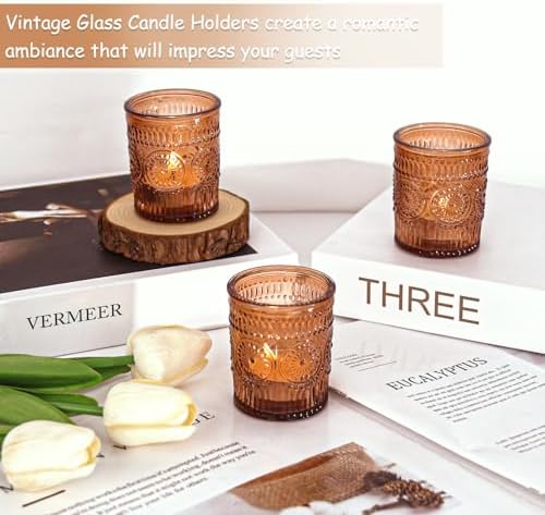 48 Pcs Amber Glass Votive Candle Holders, Tealight Candle Holders for Table Centerpieces, Vintage Candle Holder Bulk, Boho Wedding, Home, Bridal Shower, Birthday Party Table Decor (Amber) - Image 4