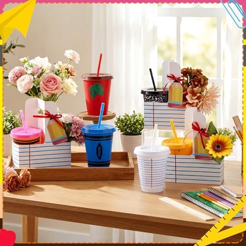 Qinyoung 24 Set/74 Pcs Back to School Teacher Appreciation Gifts Red Blue Lined Drink Carrier with Handle, 16 oz Teacher Tumblers with Lids Straws, Pencil Greeting Card Back to School Party Supplies - Image 5