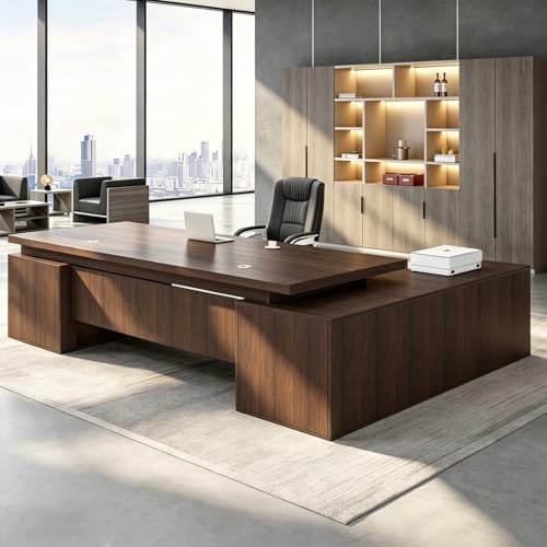 Executive Desk, L Shaped Executive Office Desk with Locking Drawer & File Cabinet, 1'' Thick Desktop, Large Office Desk with Storage, Modern Executive Computer Workstation for Home Office & Business by Unknown