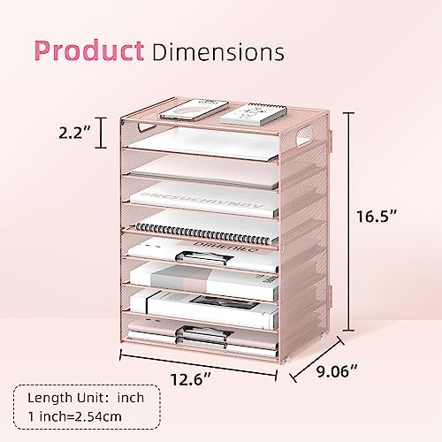 9-Tier Paper Organizer for Desk, Metal Mesh Letter Tray with Handles, Pink - Image 3