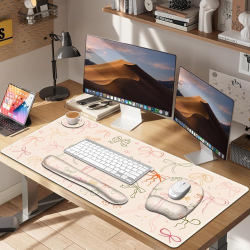 Apricot Mouse Pad with Wrist Support 4 in1 Set, XXL Big Game Mousepad + Keyboard Wrist Rest + Mouse Wrist Rest Pad +Coaster Gaming Mat for Home Office Work Computer I Colorful Cute Girl's Bow - Image 6