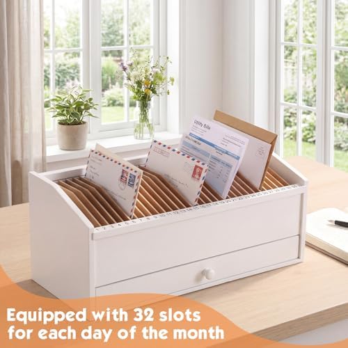 Wood Desktop Organizer with Drawer, 17 Inch 32 Section Bill & Mail & File Organizer Storage for Office Desk, Desktop Mail Holder and Office Supplies Storage, Letter and Paper Sorter (White) - Image 5