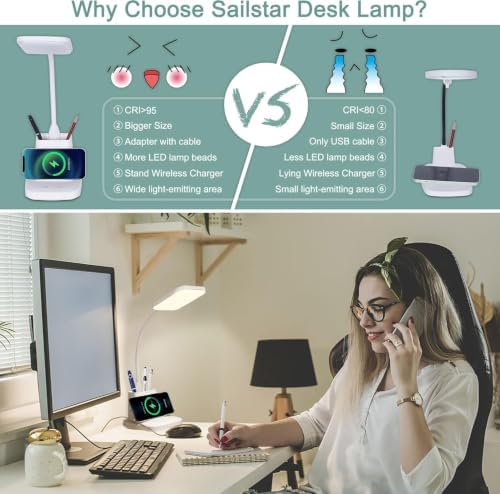 LED Desk Lamp with 10W Wireless Charging & Pen Holder, Snow White - Image 3