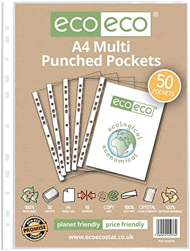 eco-eco A4 100% Recycled Multi Punched Pockets Glass Clear, Transparent Poly Wallet Sheet Protector, 45 Microns (Pack of 50 x2), eco076x2 - Image 2