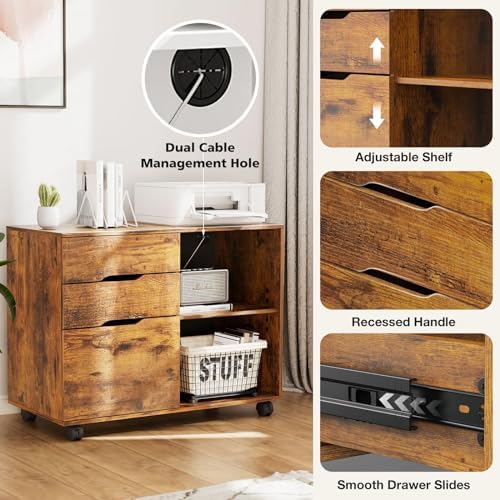 DUMOS 3-Drawer Rolling File Cabinet, Wooden Printer Stand with Storage - Image 5