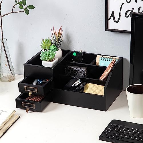 Distressed Rustic Wooden Office Desktop Organizer Wood Shelf Tabletop Home Organizer Storage with Multiple Compartments 2 Tier Drawers,perfect Jewelry storage Display Box for Desk, Vanity (Black) - Image 3