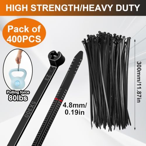 Blulu 11 Inch 400 Pcs Black Cable Ties with Metal Tooth Self Locking - Image 2
