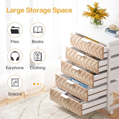 Tribesigns 5-Drawer File Cabinet, Wood Mobile Storage Unit, Beige & White - Image 6