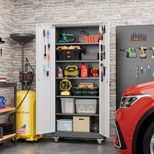 Aobabo Upgraded Garage Storage Cabinets with Wheels,Metal Storage Cabinets with 5 Adjustable Shelves for Garage Home Office Storage, Grey&White,71''H*32''W*16''D,Assembly Required - Image 2