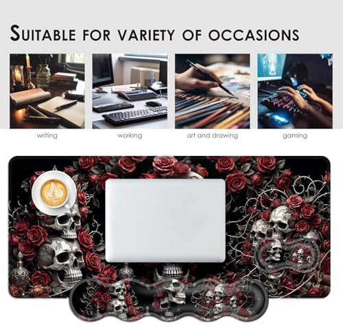 Large Keyboard Mouse Pad Set, Extended Mouse Pad+Keyboard Wrist Rest Support, Memory Foam Ergonomic Easy Typing, 4Pcs (31.5×11.8 in) Desk Pad Set for Office Home,Rose Skull - Image 7