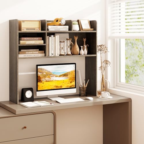 BECOMFORT Desk Hutch, Desk Organizer Shelf w/ 6 Storage Compartments, up to 32” Monitor, Wooden Display Rack, Desktop Bookshelf for Vanity Dressing Tabletop College Dorm Home & Office - Image 2