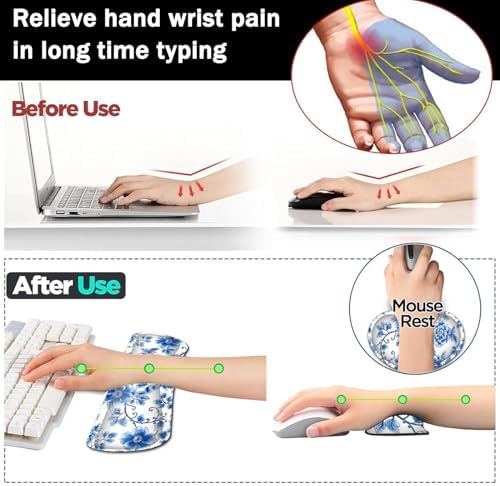 Large Gaming Mouse Pad+ Keyboard Wrist Rest Set, Ergonomics Memory Foam Mouse Mat Wrist Rest Support for Home Office, Waterproof Extended Mousepad 31.5x11.8in, Blue Flowers White Desk Pad - Image 5
