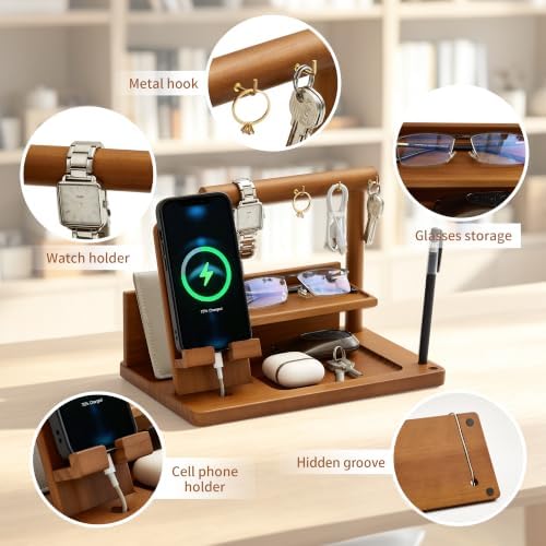 Wood Phone Docking Station for Men – Bedside Desk Nightstand Organizer with Hooks for Keys Bracelets Rings, Birthday Gifts for Husband Dad, Key Holder Wallet Watch Phone Valet Stand for Bedroom Office - Image 2