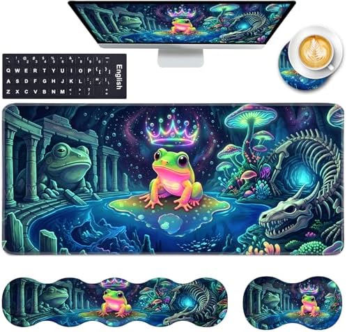 Keyboard Wrist Rest and Mouse Pad with Wrist Support Set Ergonomic Coaster,Memory Foam,Easy Typing Pain Relief,Large XL Desk Mat 31.5"x 11.8",Colorful Frog by CICPLKSE