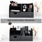 KINGFOM Pu Leather Desk Organizer Pen Pencil Holder Office Supplies Caddy Storage Box 6 Compartments with Drawer Black - Image 5