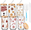 6 Pcs Christmas Glass Cup with Straw and Lid 16 oz Gingerbread by RimCereal
