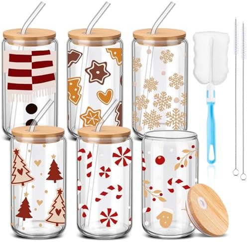 6 Pcs Christmas Glass Cup with Straw and Lid 16 oz Gingerbread by RimCereal