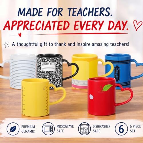 Pickmesh Back to School Teacher Gifts Mug Set of 6, 10 oz Ceramic Coffee Cups with Heart Handles, Pencil Crayon Ruler Notebook Apple Prints, Teacher Appreciation Gifts Bulk, Classroom Decor - Image 2