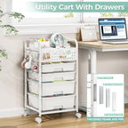 SYKIARIOL 4 Drawer Rolling Storage Cart with Pegboard Top and Hooks, White - Image 6