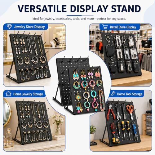 2 Pack Pegboard Display Stand, Metal Peg Board with 32 Hooks, Adjustable Angle & Foldable Design, Thick Steel Panel, Durable Tabletop Rack 16''x12'' for Vendor Display, Craft Show, Jewelry Display(Black silver) - Image 5